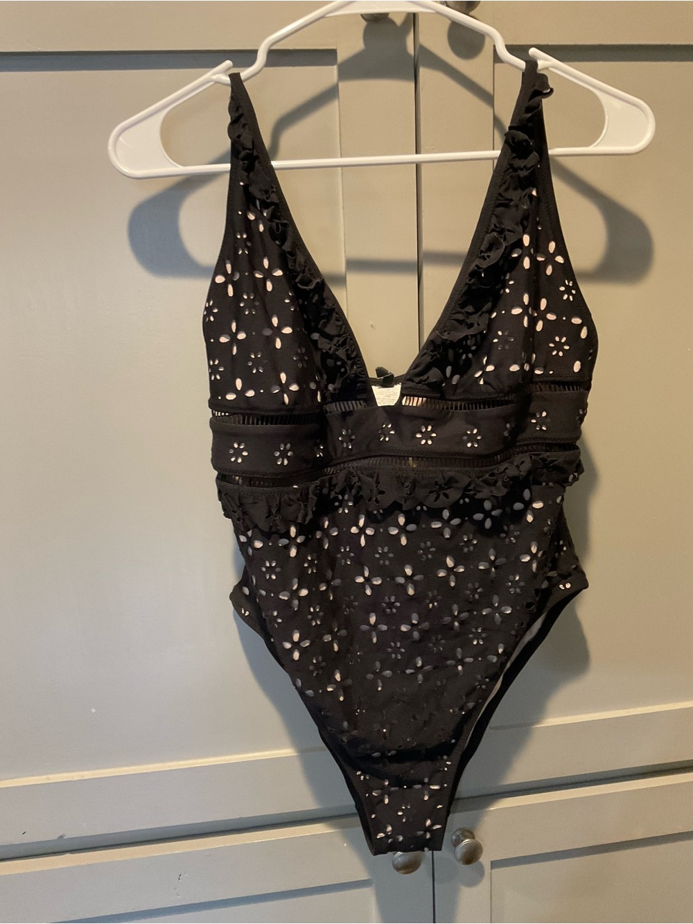 J. Crew Black Eyelet Ruffle Deep V One-Piece Swimsuit